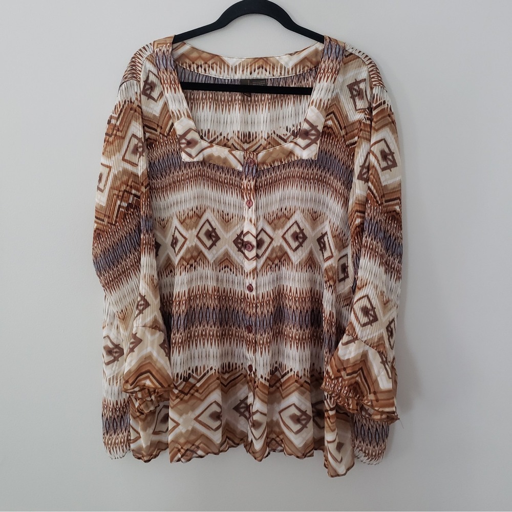 Sheer Boho Crinkly Top SIZE‎ 3X Flowy Flare Sleeve Lettuce Hem Button Up Layer